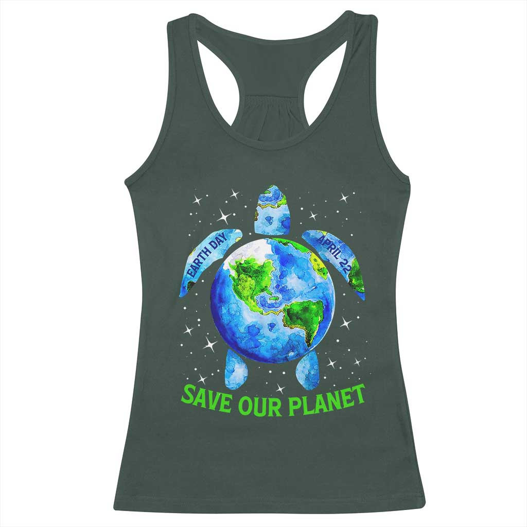 Earth Day 2025 Racerback Tank Top Save The Planet Sea Turtle Recycle Ocean Environment TS10 Dark Forest Green Print Your Wear