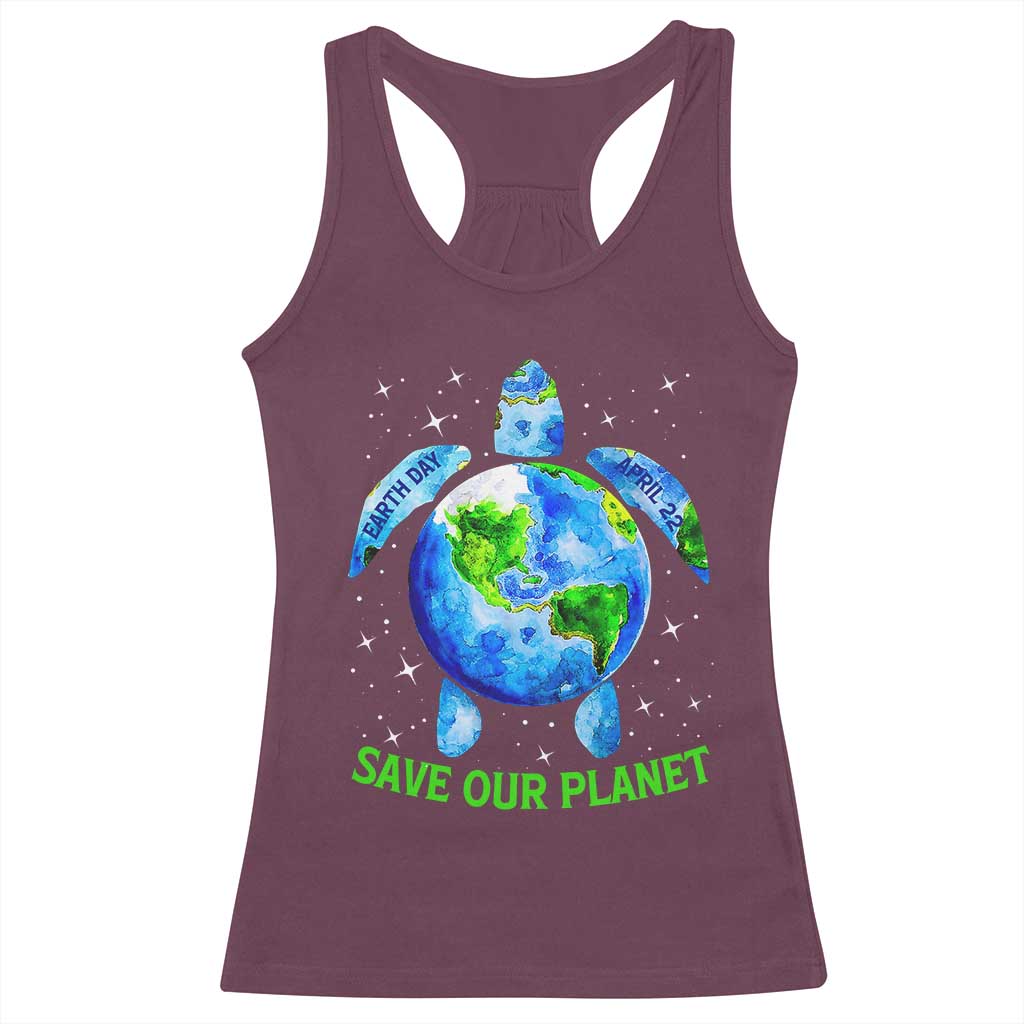 Earth Day 2025 Racerback Tank Top Save The Planet Sea Turtle Recycle Ocean Environment TS10 Maroon Print Your Wear