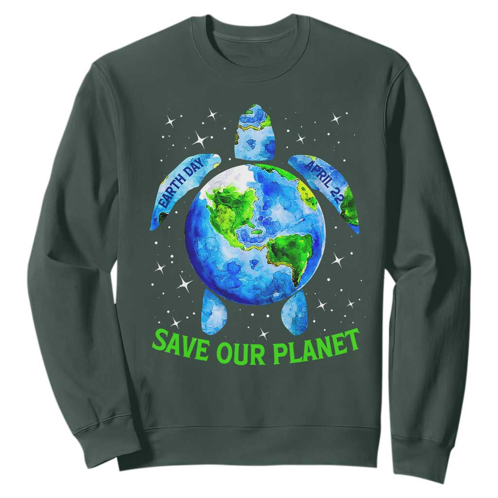 Earth Day 2025 Sweatshirt Save The Planet Sea Turtle Recycle Ocean Environment TS10 Dark Forest Green Print Your Wear