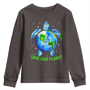 Earth Day 2025 Youth Sweatshirt Save The Planet Sea Turtle Recycle Ocean Environment TS10 Dark Chocolate Print Your Wear