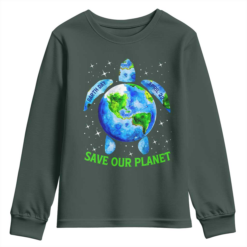 Earth Day 2025 Youth Sweatshirt Save The Planet Sea Turtle Recycle Ocean Environment TS10 Dark Forest Green Print Your Wear