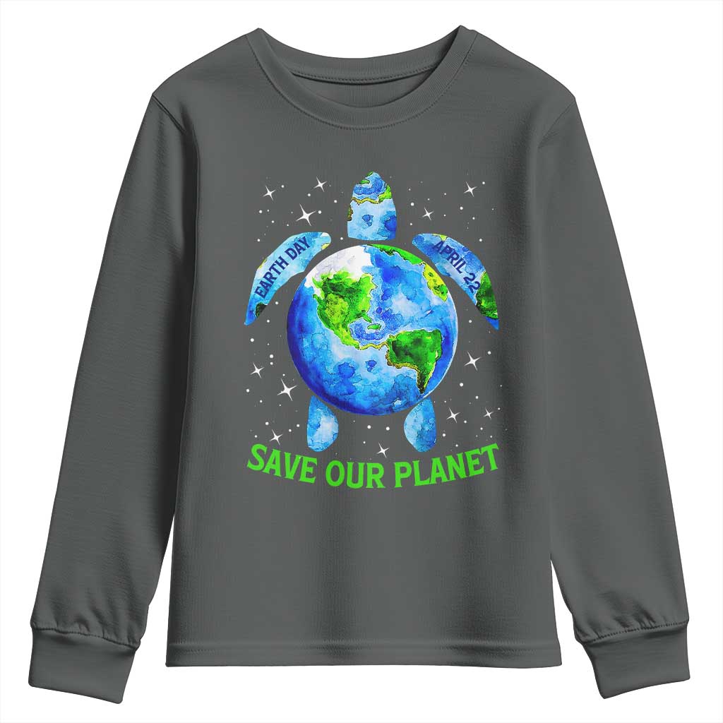 Earth Day 2025 Youth Sweatshirt Save The Planet Sea Turtle Recycle Ocean Environment TS10 Dark Heather Print Your Wear