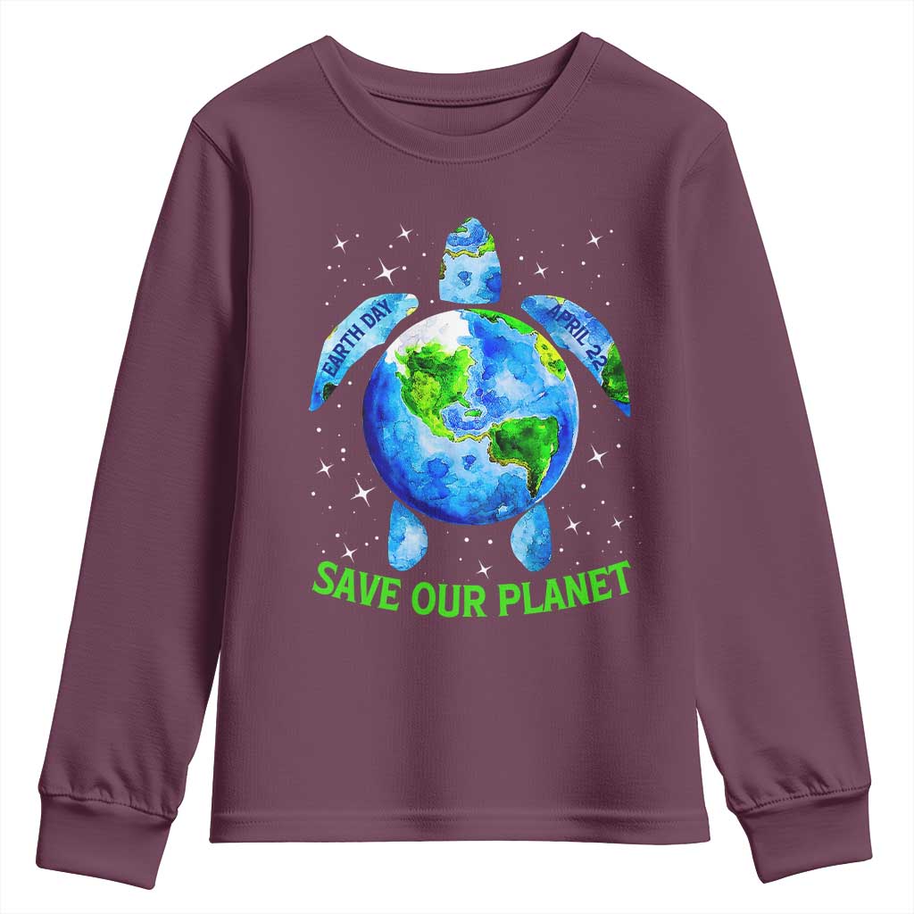 Earth Day 2025 Youth Sweatshirt Save The Planet Sea Turtle Recycle Ocean Environment TS10 Maroon Print Your Wear