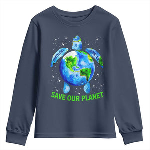 Earth Day 2025 Youth Sweatshirt Save The Planet Sea Turtle Recycle Ocean Environment TS10 Navy Print Your Wear