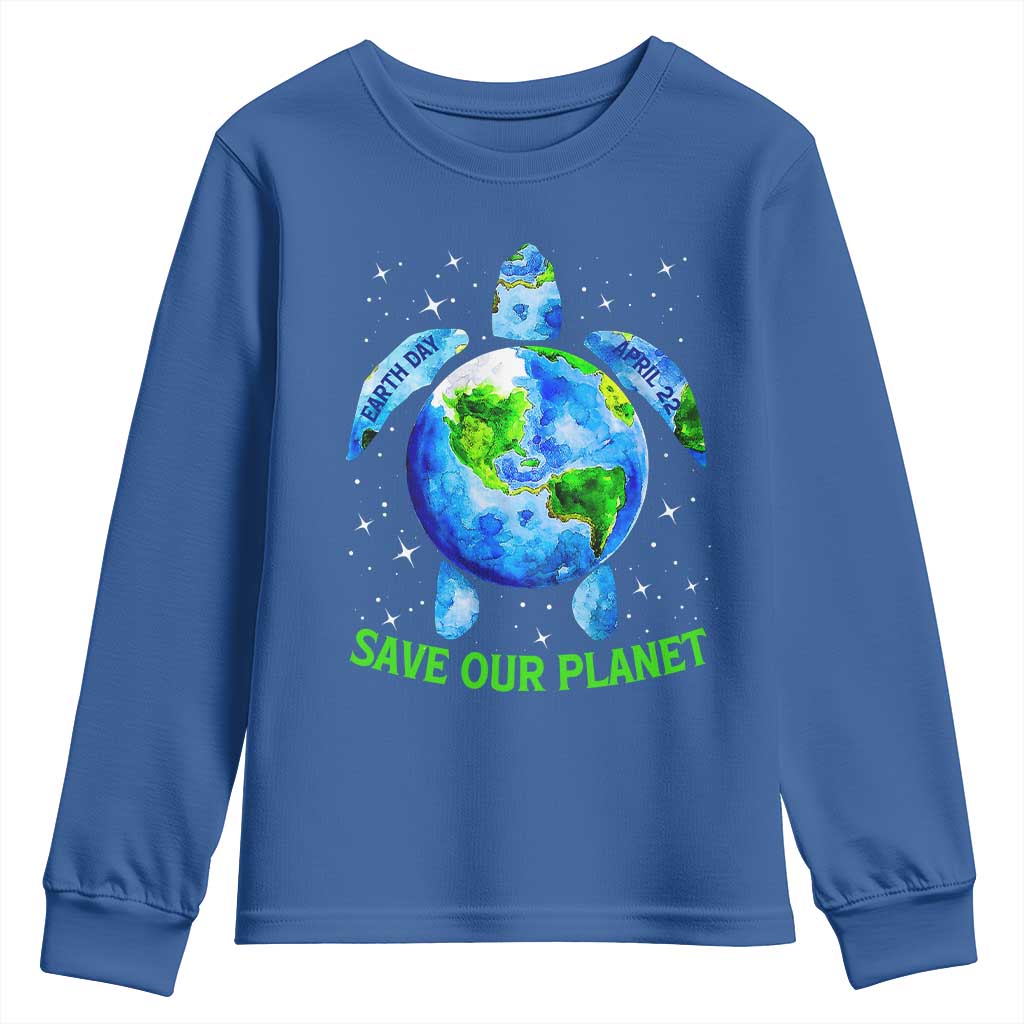 Earth Day 2025 Youth Sweatshirt Save The Planet Sea Turtle Recycle Ocean Environment TS10 Royal Blue Print Your Wear