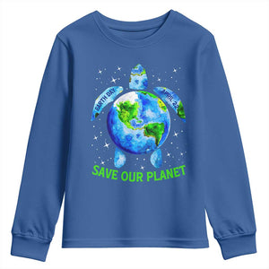 Earth Day 2025 Youth Sweatshirt Save The Planet Sea Turtle Recycle Ocean Environment TS10 Royal Blue Print Your Wear