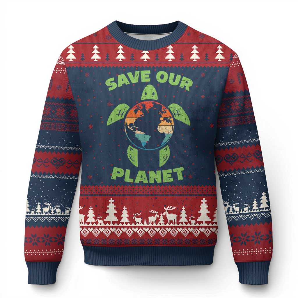 Retro Earth Day Ugly Christmas Sweater Save Our Planet Sea Turtle Recycle Ocean Environment TS10 Navy Red Print Your Wear