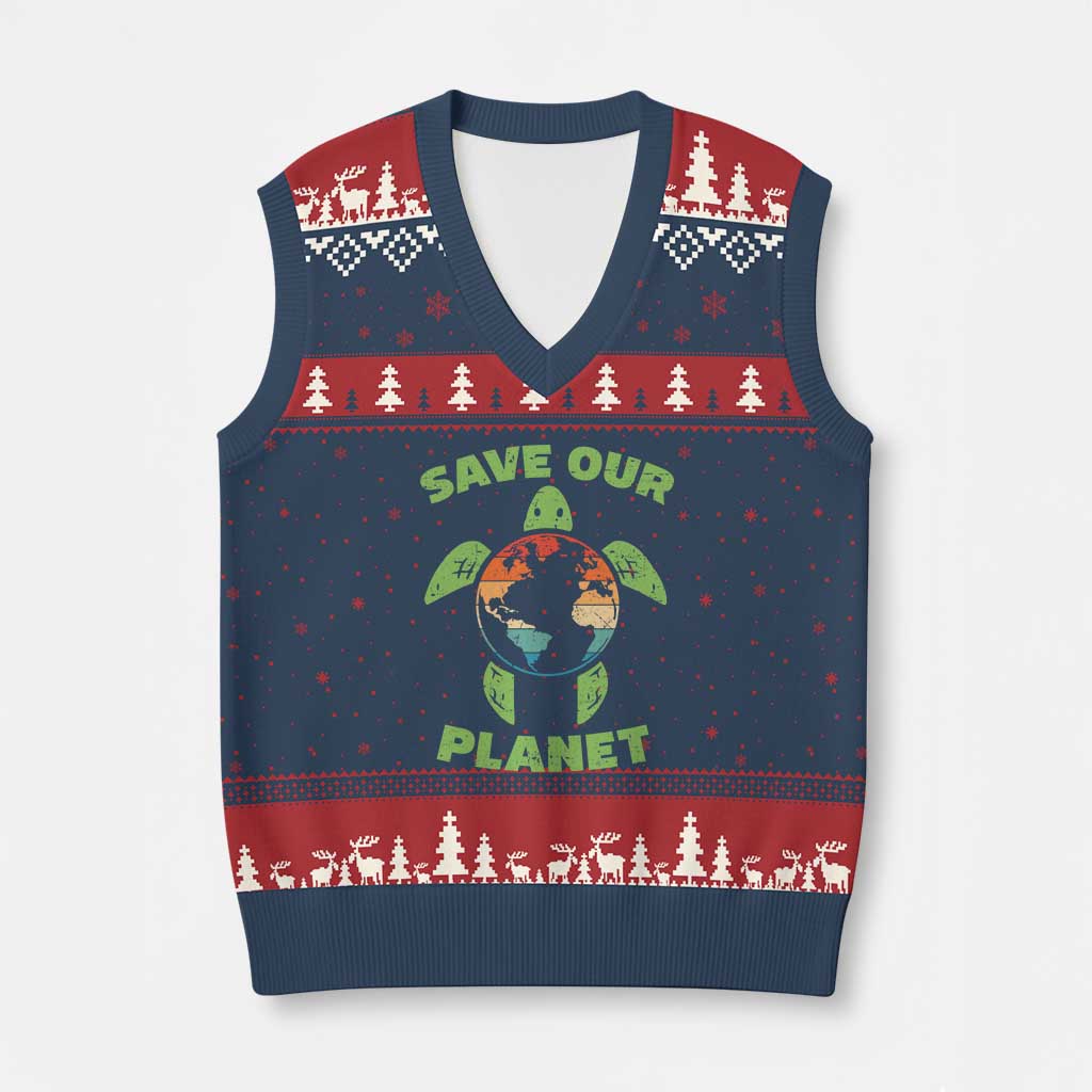 Retro Earth Day V-Neck Knit Sweater Vest Save Our Planet Sea Turtle Recycle Ocean Environment TS10 Navy Red Print Your Wear