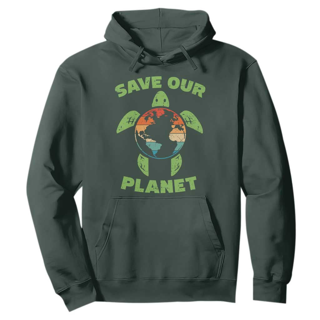Retro Earth Day Hoodie Save Our Planet Sea Turtle Recycle Ocean Environment TS10 Dark Forest Green Print Your Wear