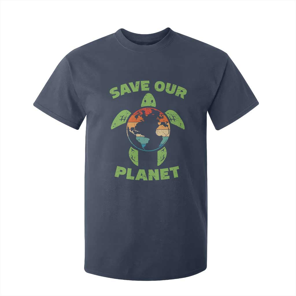 Retro Earth Day T Shirt For Kid Save Our Planet Sea Turtle Recycle Ocean Environment TS10 Navy Print Your Wear