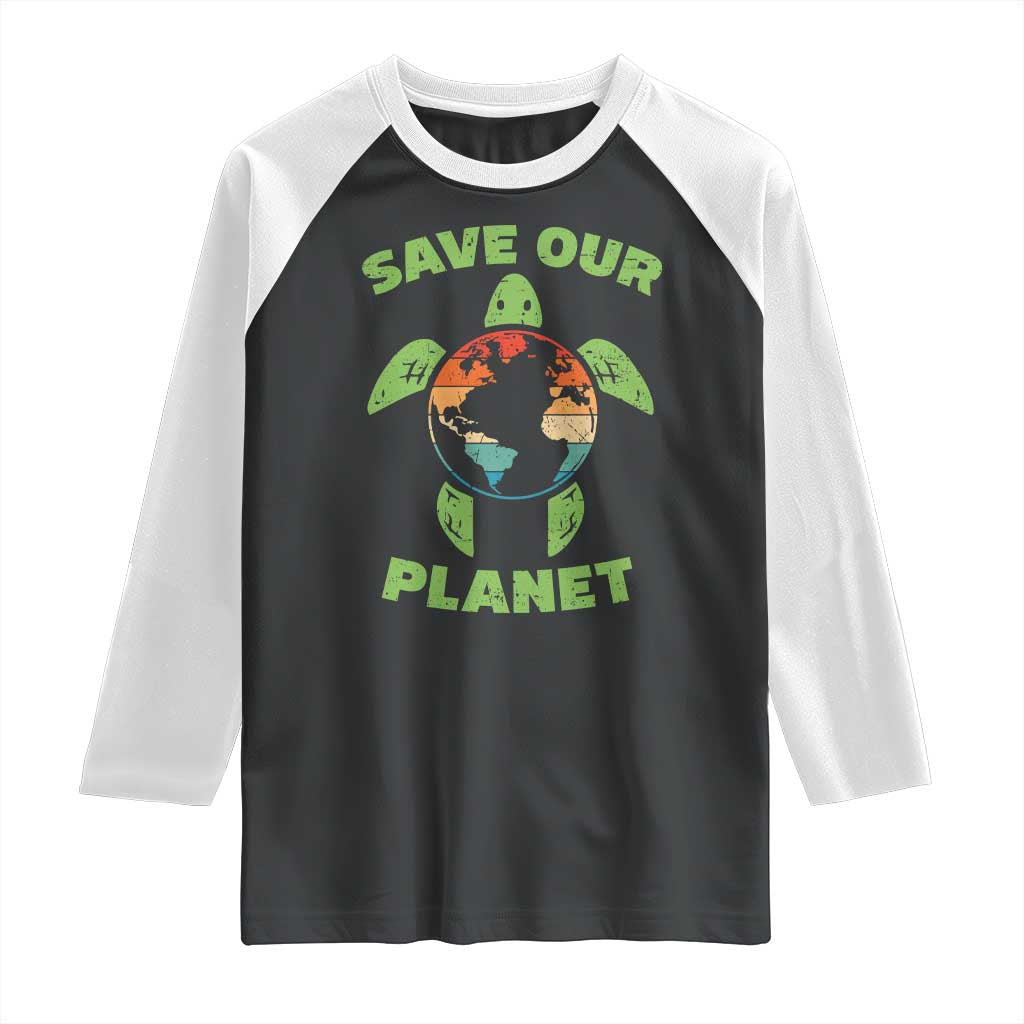 Retro Earth Day Raglan Shirt Save Our Planet Sea Turtle Recycle Ocean Environment TS10 Black White Print Your Wear