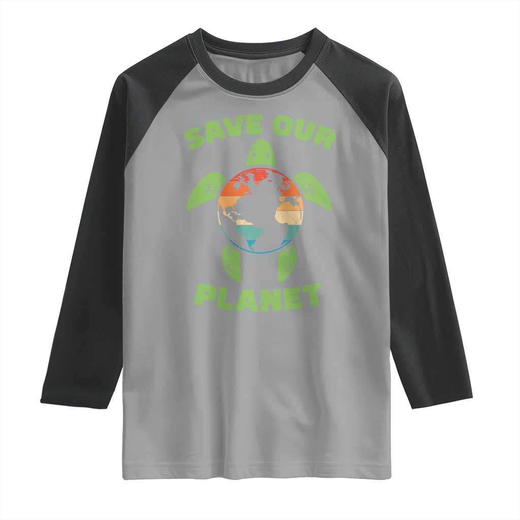 Retro Earth Day Raglan Shirt Save Our Planet Sea Turtle Recycle Ocean Environment TS10 Sport Gray Black Print Your Wear