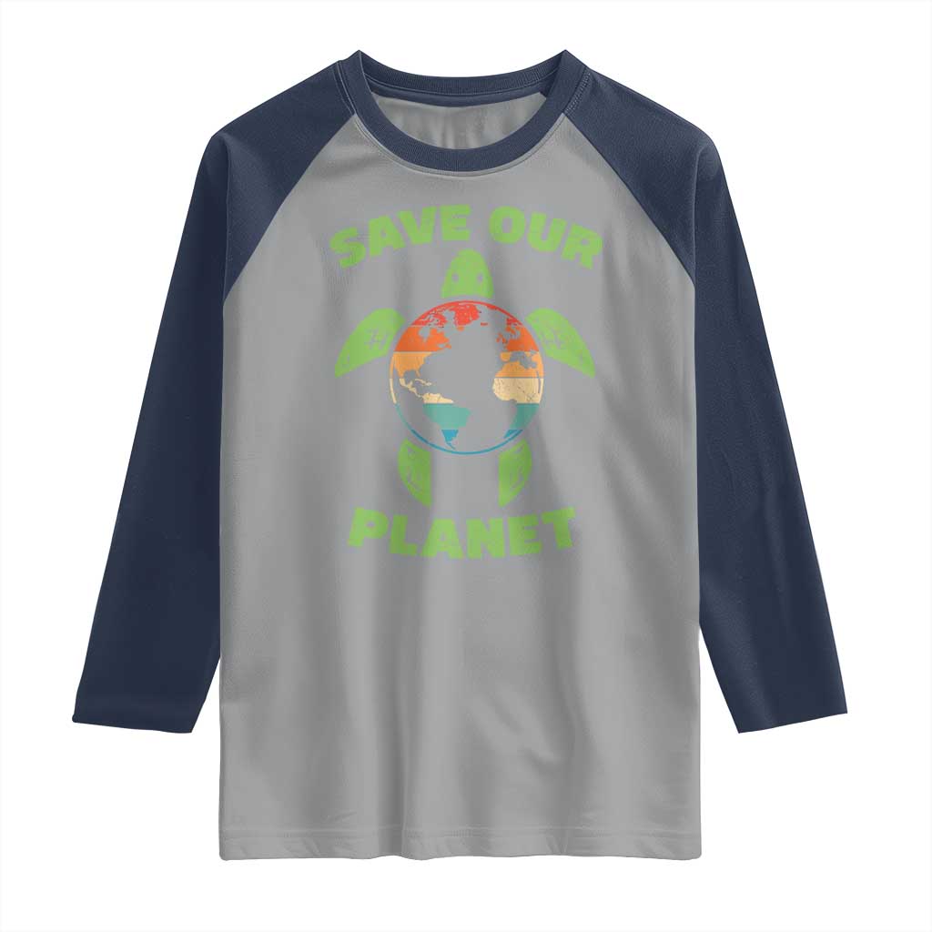 Retro Earth Day Raglan Shirt Save Our Planet Sea Turtle Recycle Ocean Environment TS10 Sport Gray Navy Print Your Wear