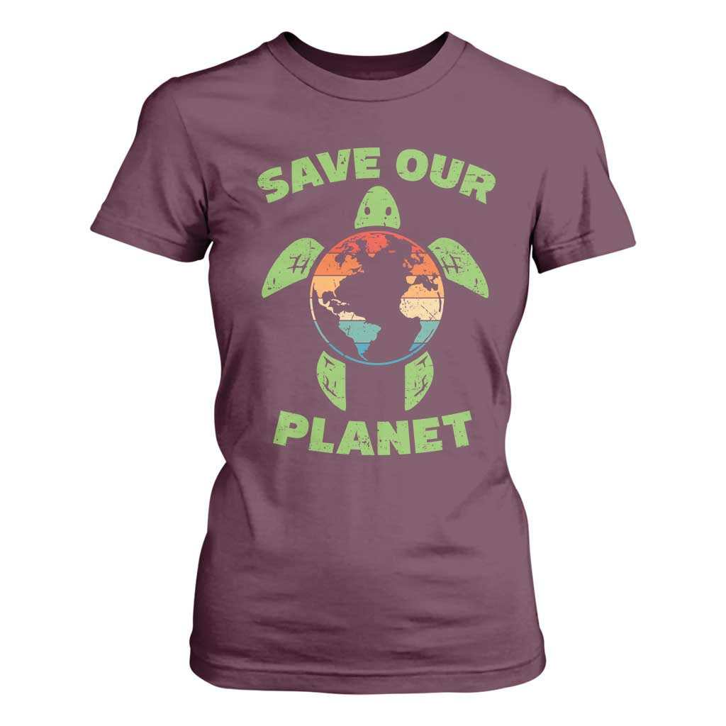 Retro Earth Day T Shirt For Women Save Our Planet Sea Turtle Recycle Ocean Environment TS10 Maroon Print Your Wear