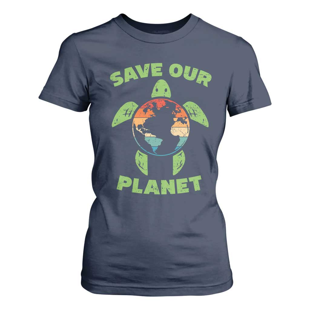 Retro Earth Day T Shirt For Women Save Our Planet Sea Turtle Recycle Ocean Environment TS10 Navy Print Your Wear