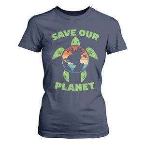 Retro Earth Day T Shirt For Women Save Our Planet Sea Turtle Recycle Ocean Environment TS10 Navy Print Your Wear