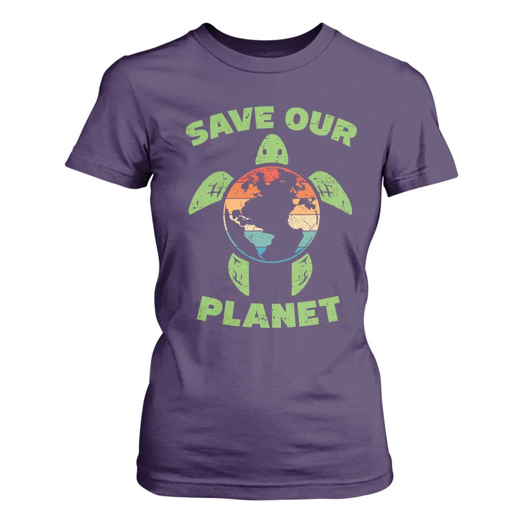 Retro Earth Day T Shirt For Women Save Our Planet Sea Turtle Recycle Ocean Environment TS10 Purple Print Your Wear