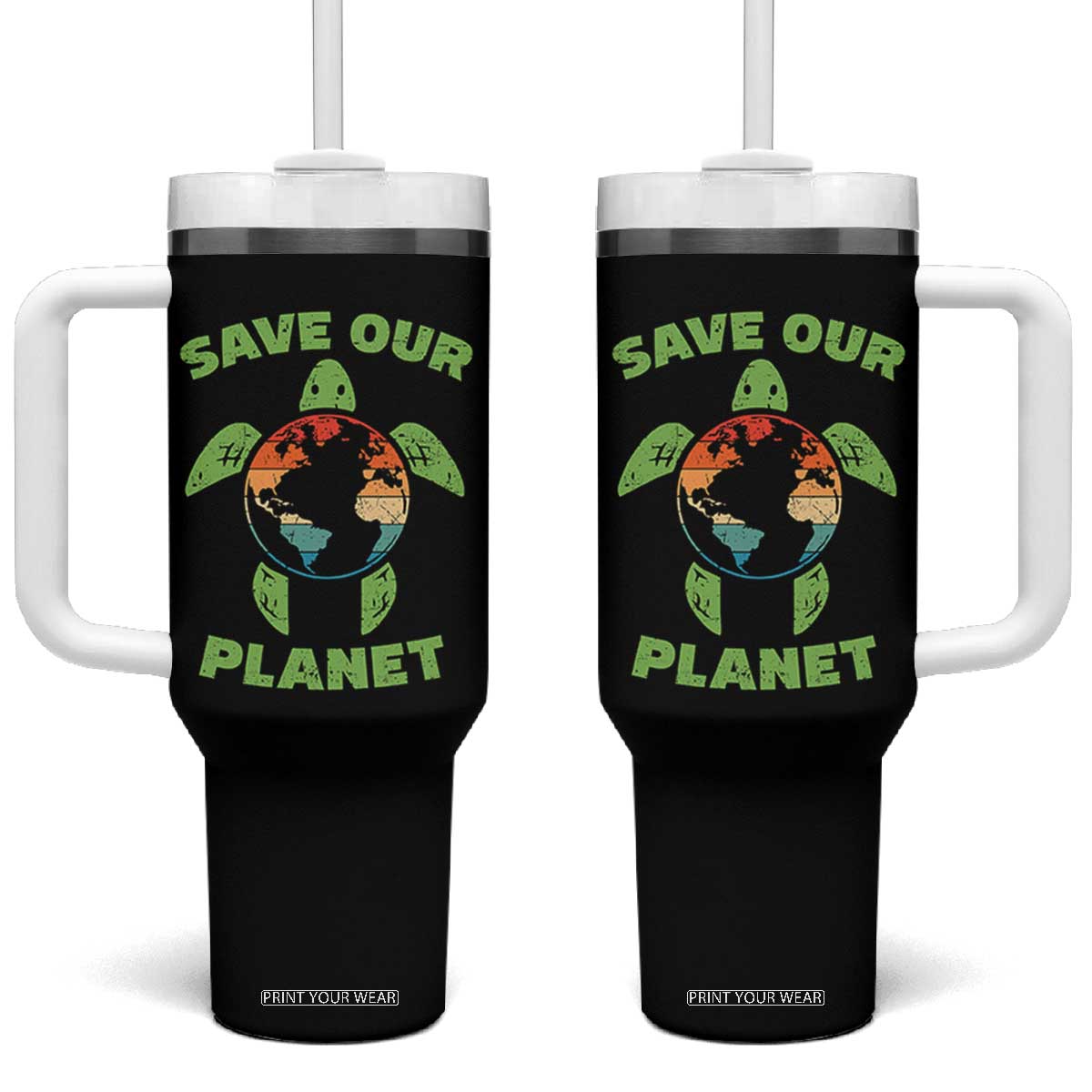 Retro Earth Day Tumbler With Handle Save Our Planet Sea Turtle Recycle Ocean Environment TS10 One Size: 40 oz Black Print Your Wear
