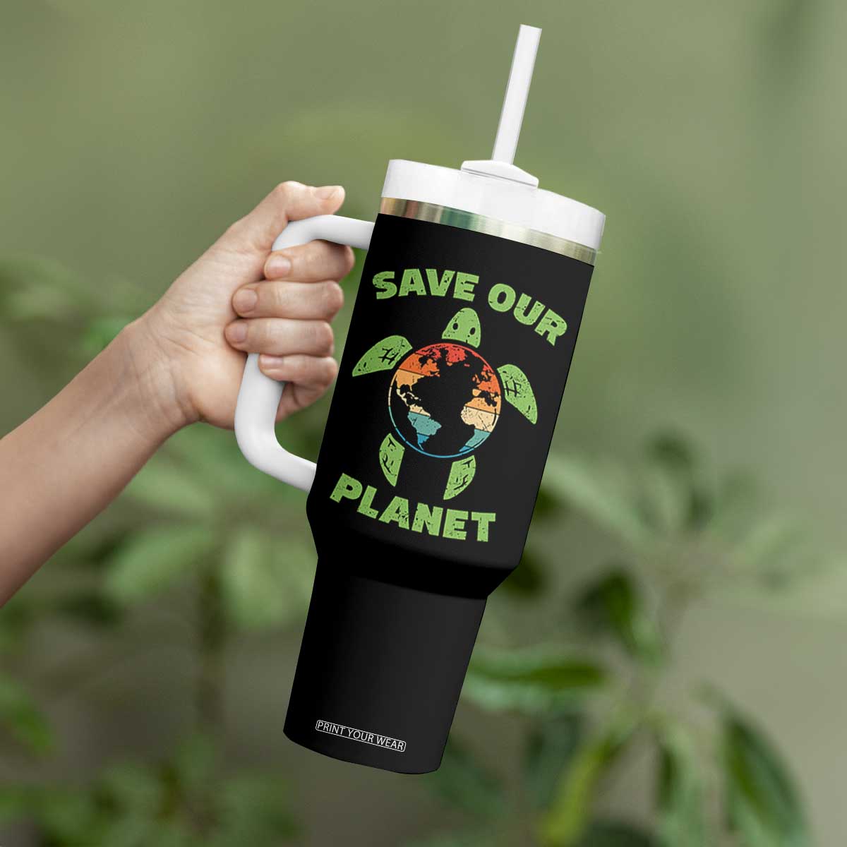 Retro Earth Day Tumbler With Handle Save Our Planet Sea Turtle Recycle Ocean Environment TS10 Print Your Wear