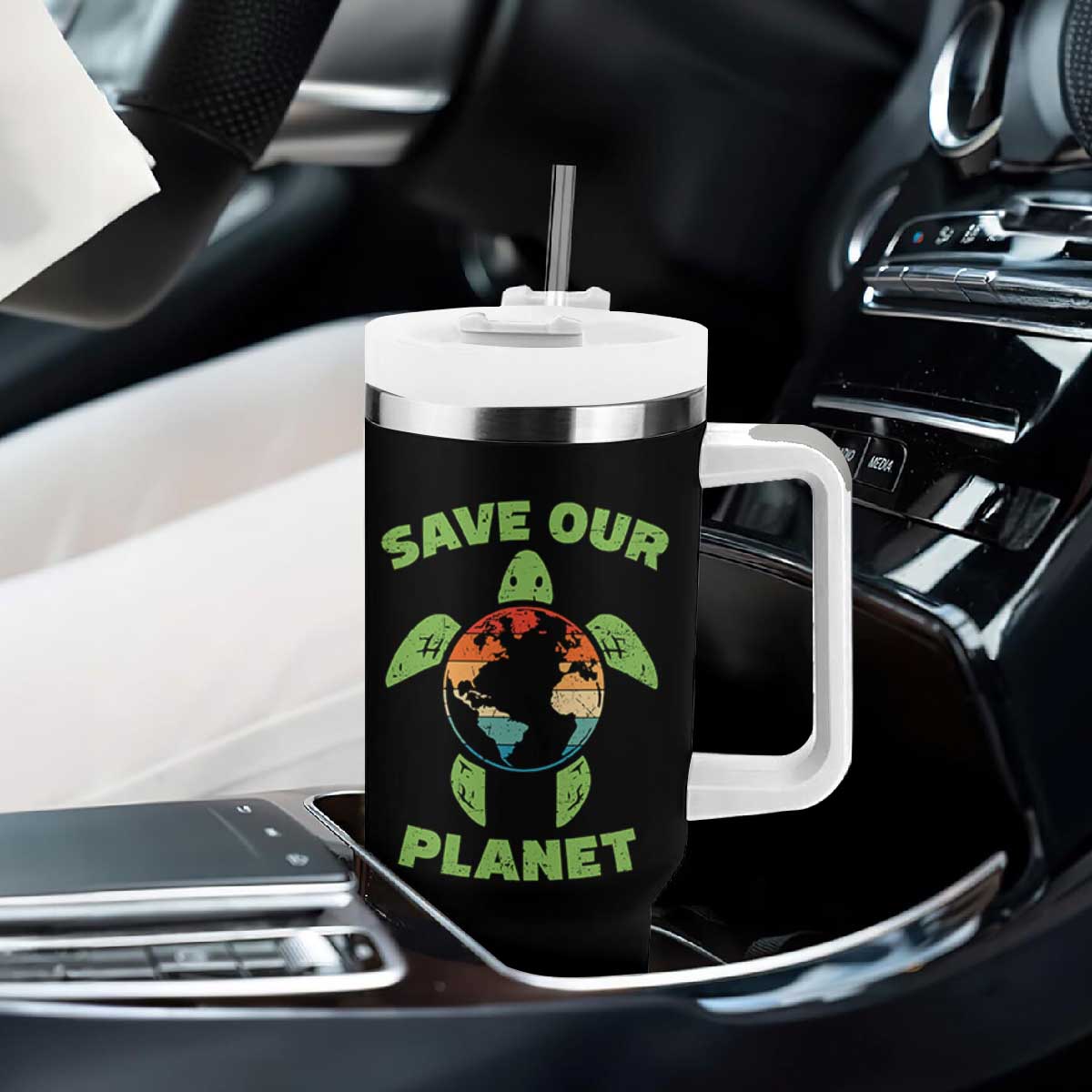 Retro Earth Day Tumbler With Handle Save Our Planet Sea Turtle Recycle Ocean Environment TS10 Print Your Wear
