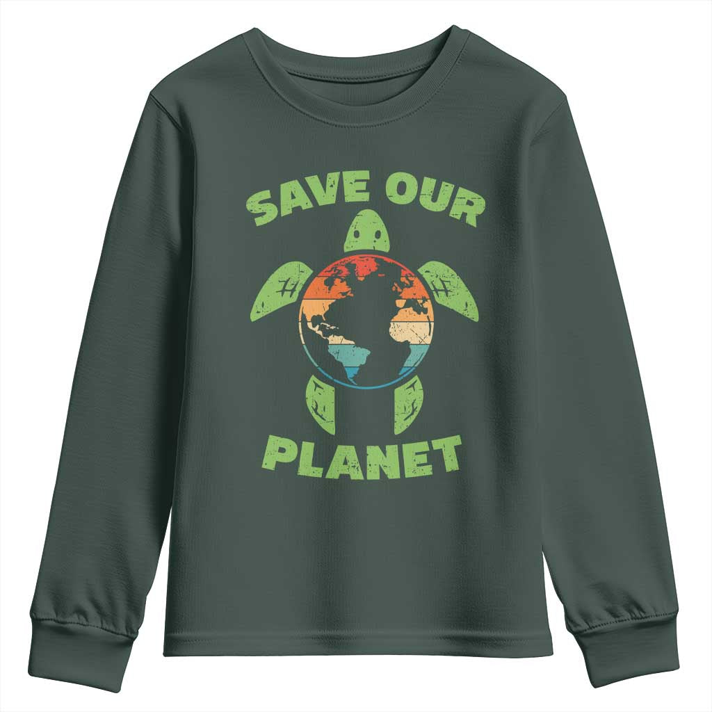 Retro Earth Day Youth Sweatshirt Save Our Planet Sea Turtle Recycle Ocean Environment TS10 Dark Forest Green Print Your Wear