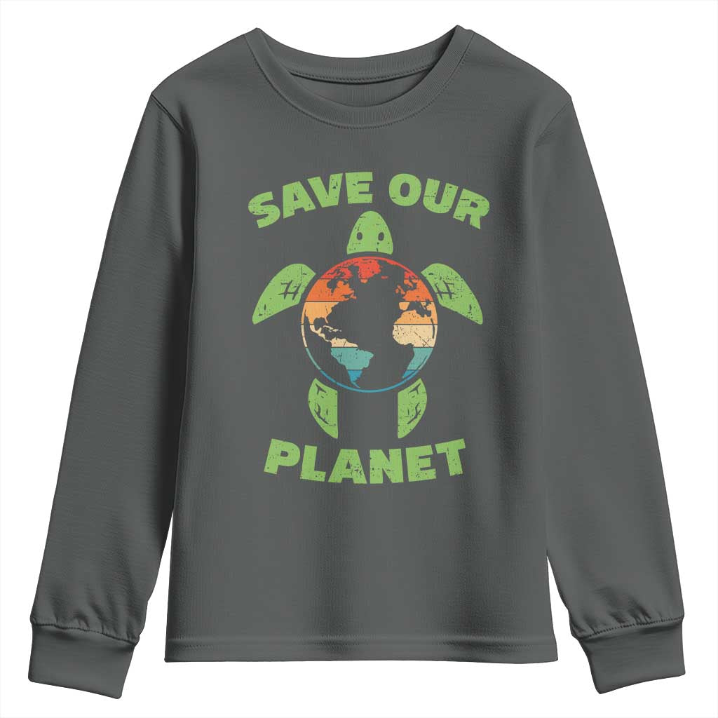 Retro Earth Day Youth Sweatshirt Save Our Planet Sea Turtle Recycle Ocean Environment TS10 Dark Heather Print Your Wear