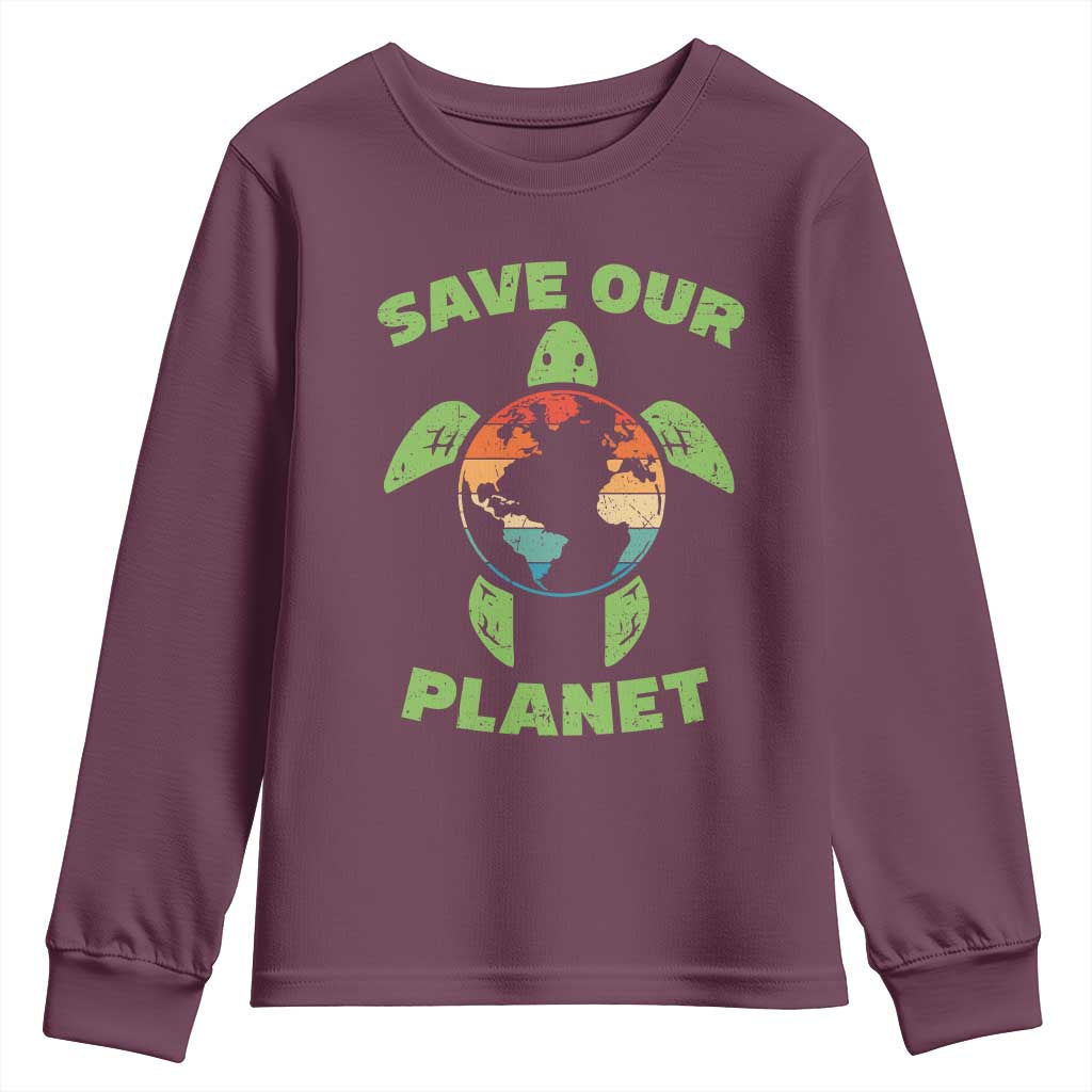 Retro Earth Day Youth Sweatshirt Save Our Planet Sea Turtle Recycle Ocean Environment TS10 Maroon Print Your Wear