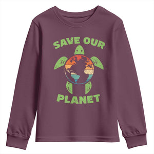Retro Earth Day Youth Sweatshirt Save Our Planet Sea Turtle Recycle Ocean Environment TS10 Maroon Print Your Wear