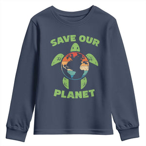 Retro Earth Day Youth Sweatshirt Save Our Planet Sea Turtle Recycle Ocean Environment TS10 Navy Print Your Wear