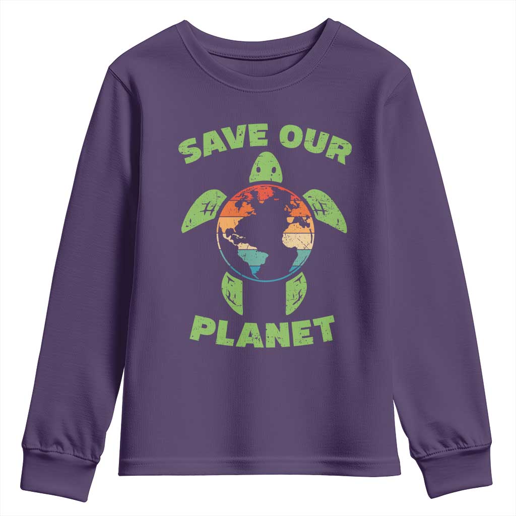 Retro Earth Day Youth Sweatshirt Save Our Planet Sea Turtle Recycle Ocean Environment TS10 Purple Print Your Wear