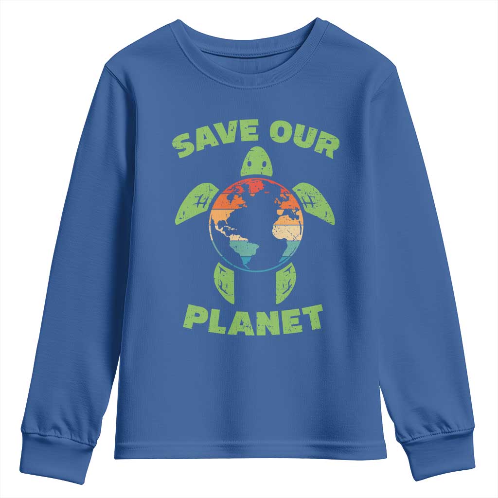 Retro Earth Day Youth Sweatshirt Save Our Planet Sea Turtle Recycle Ocean Environment TS10 Royal Blue Print Your Wear