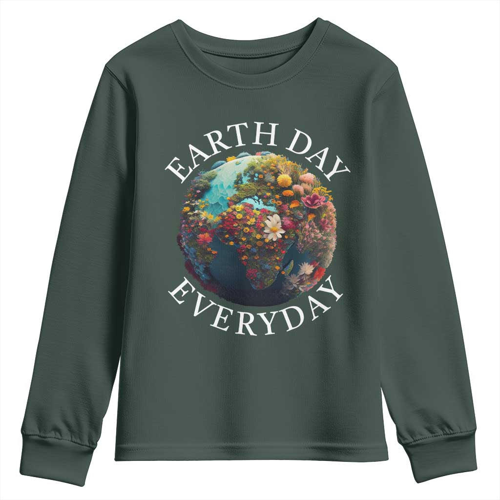 Earth Day Everyday Youth Sweatshirt With Floral Nature Lover Climate Change TS10 Dark Forest Green Print Your Wear