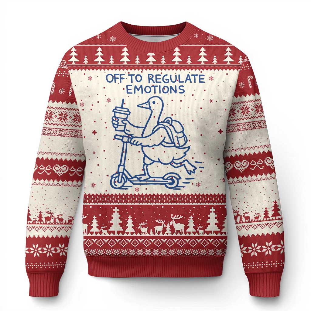 Funny Goose Psychologist Ugly Christmas Sweater Off To Regulate Emotions Mental Health Counselor TS10 Beige Red Print Your Wear