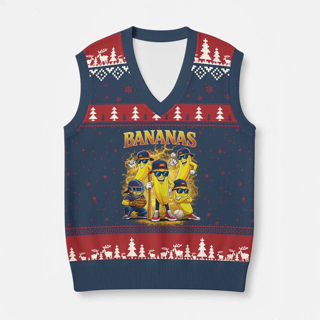 Funny Bananas V-Neck Knit Sweater Vest Lets Go Banana Cute Banana Lovers Bootleg TS10 Navy Red Print Your Wear