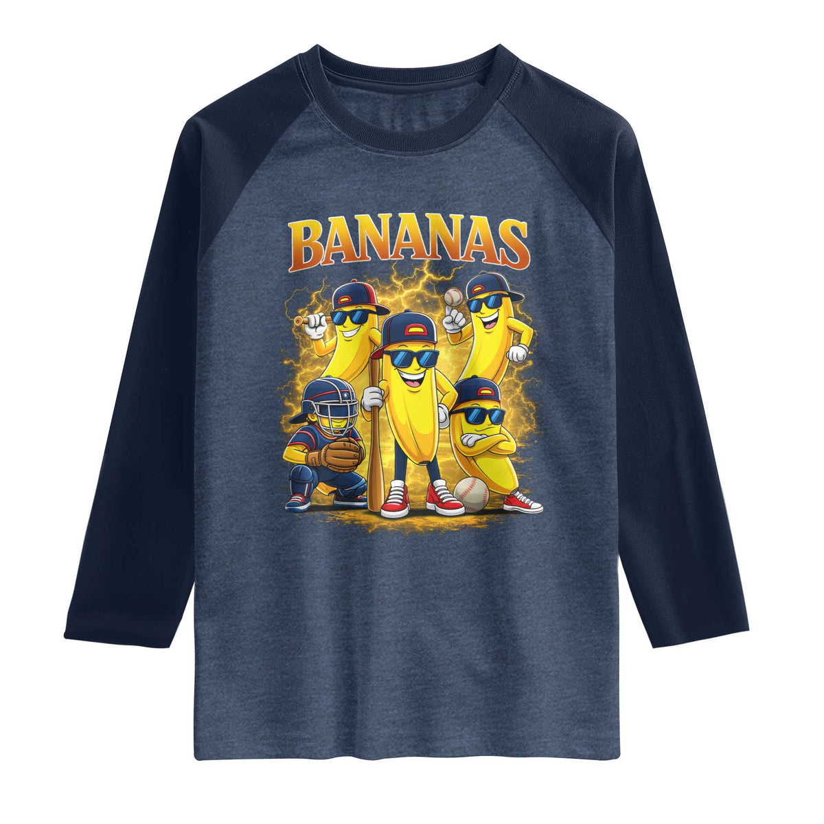 Funny Bananas Raglan Shirt Lets Go Banana Cute Banana Lovers Bootleg TS10 Heather Denim Navy Print Your Wear