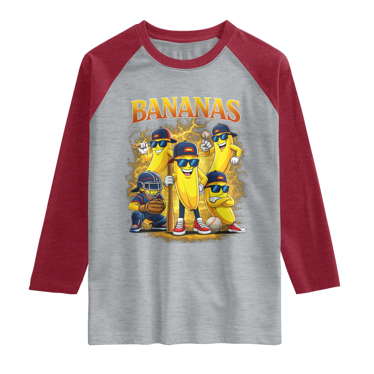 Funny Bananas Raglan Shirt Lets Go Banana Cute Banana Lovers Bootleg TS10 Heather Gray Heather Red Print Your Wear