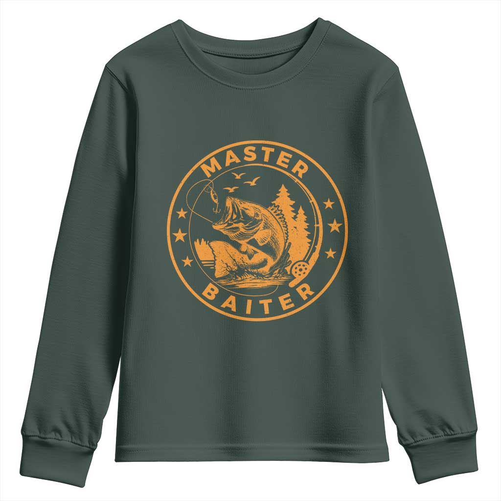 Master Baiter Youth Sweatshirt Retro Bass Fishing Funny Fisher Fish Fisherman TS10 Dark Forest Green Print Your Wear