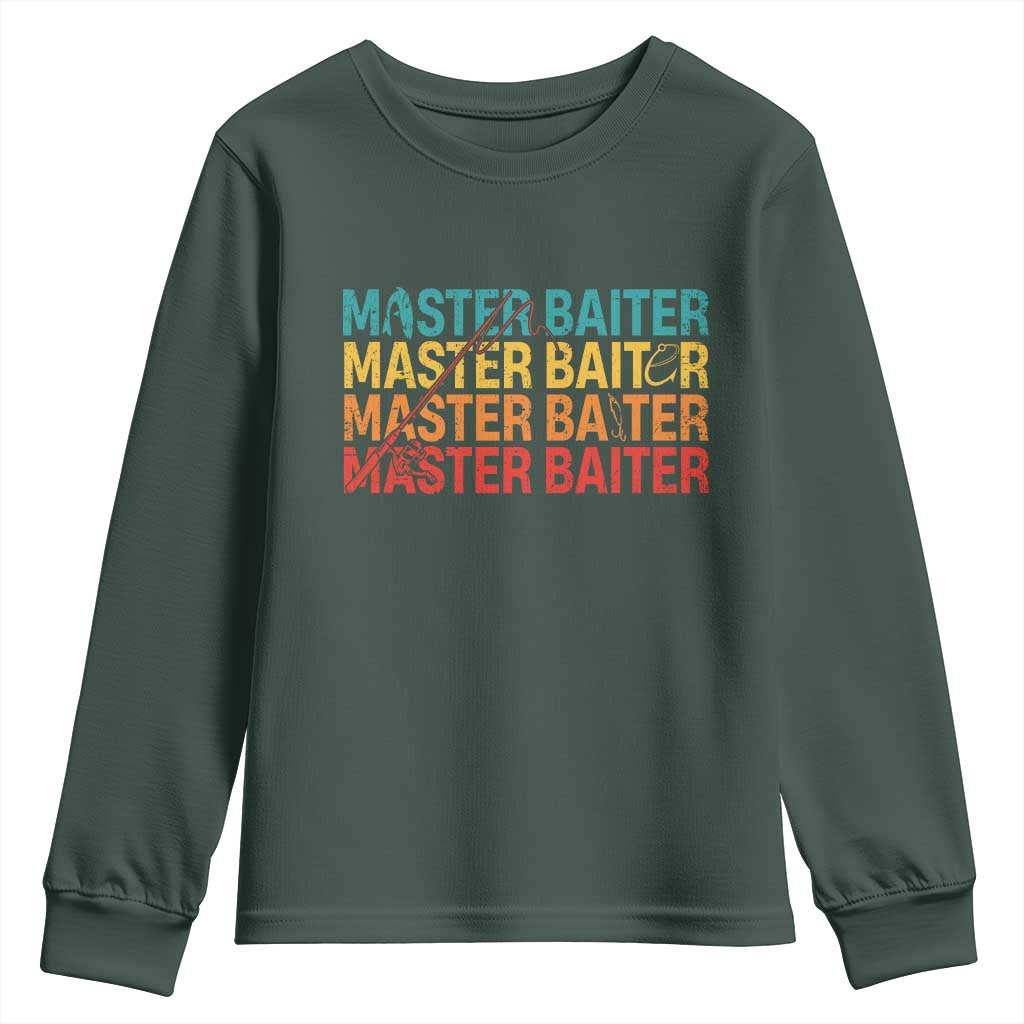 Master Baiter Youth Sweatshirt Retro Bass Fishing Funny Fish Fisherman TS10 Dark Forest Green Print Your Wear