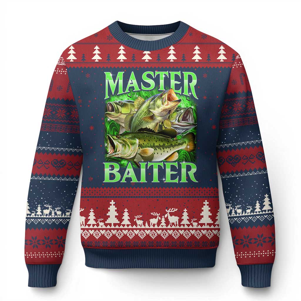 Master Baiter Ugly Christmas Sweater Funny Bass Fishing Fisher Bootleg Graphic TS10 Navy Red Print Your Wear