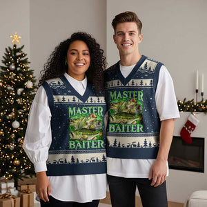 Master Baiter V-Neck Knit Sweater Vest Funny Bass Fishing Fisher Bootleg Graphic TS10 Navy Beige Print Your Wear