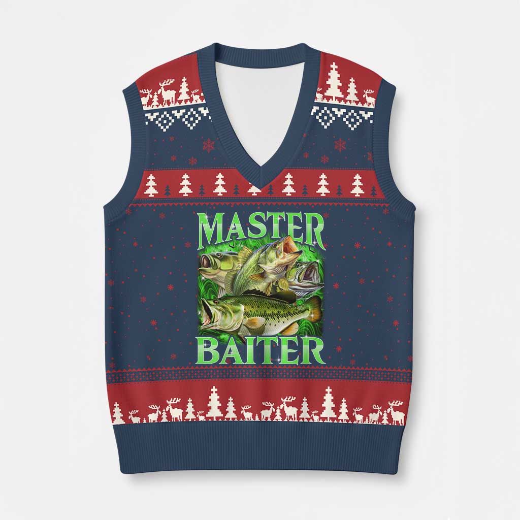 Master Baiter V-Neck Knit Sweater Vest Funny Bass Fishing Fisher Bootleg Graphic TS10 Navy Red Print Your Wear