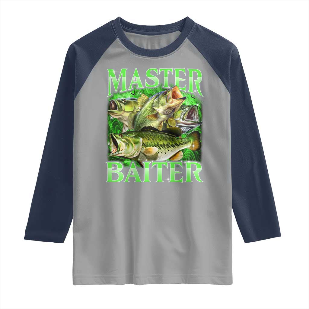 Master Baiter Raglan Shirt Funny Bass Fishing Fisher Bootleg Graphic TS10 Sport Gray Navy Print Your Wear