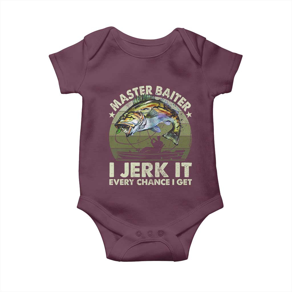 Retro Master Baiter Baby Onesie Funny Bass Fishing Fisher TS10 Maroon Print Your Wear