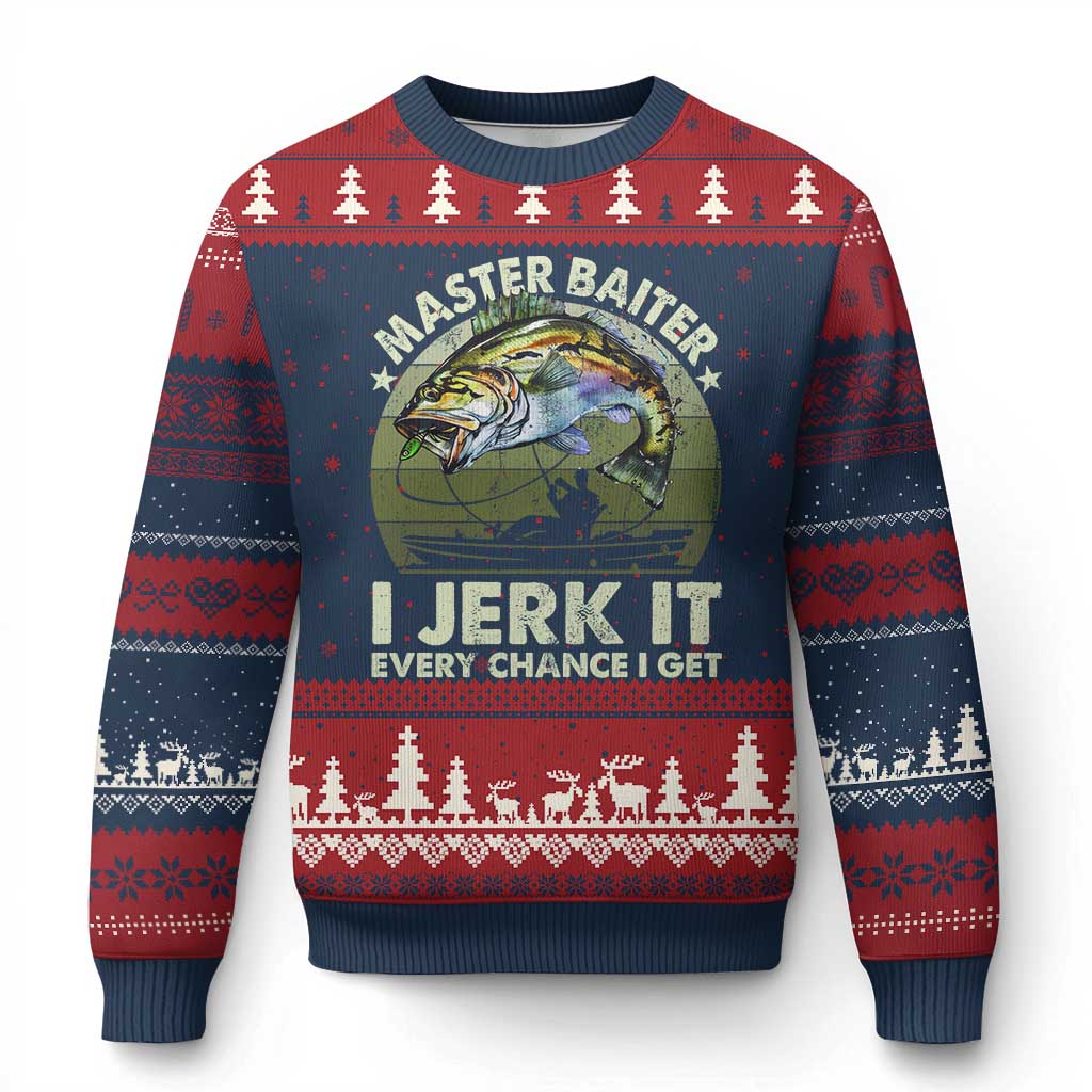 Retro Master Baiter Ugly Christmas Sweater Funny Bass Fishing Fisher TS10 Navy Red Print Your Wear