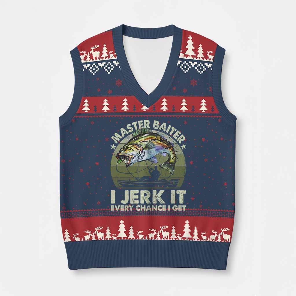 Retro Master Baiter V-Neck Knit Sweater Vest Funny Bass Fishing Fisher TS10 Navy Red Print Your Wear