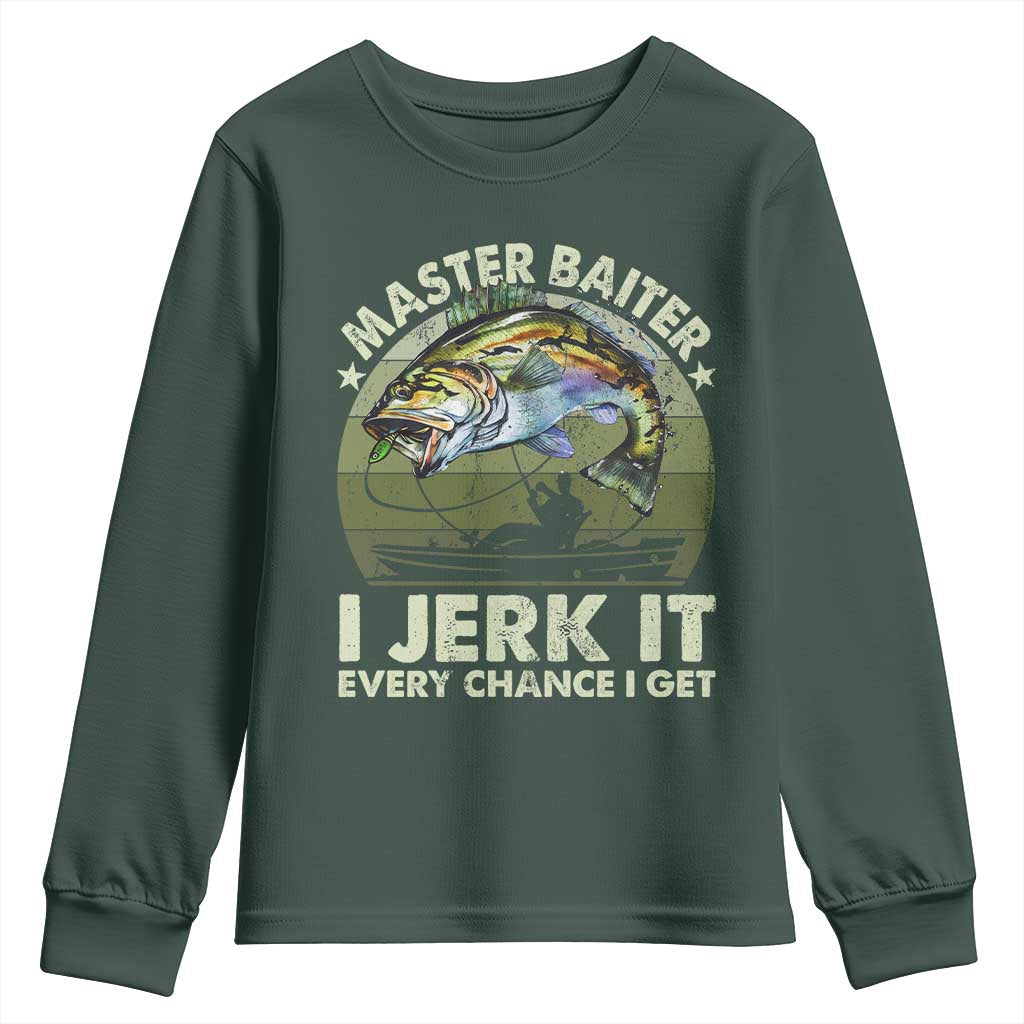 Retro Master Baiter Youth Sweatshirt Funny Bass Fishing Fisher TS10 Dark Forest Green Print Your Wear