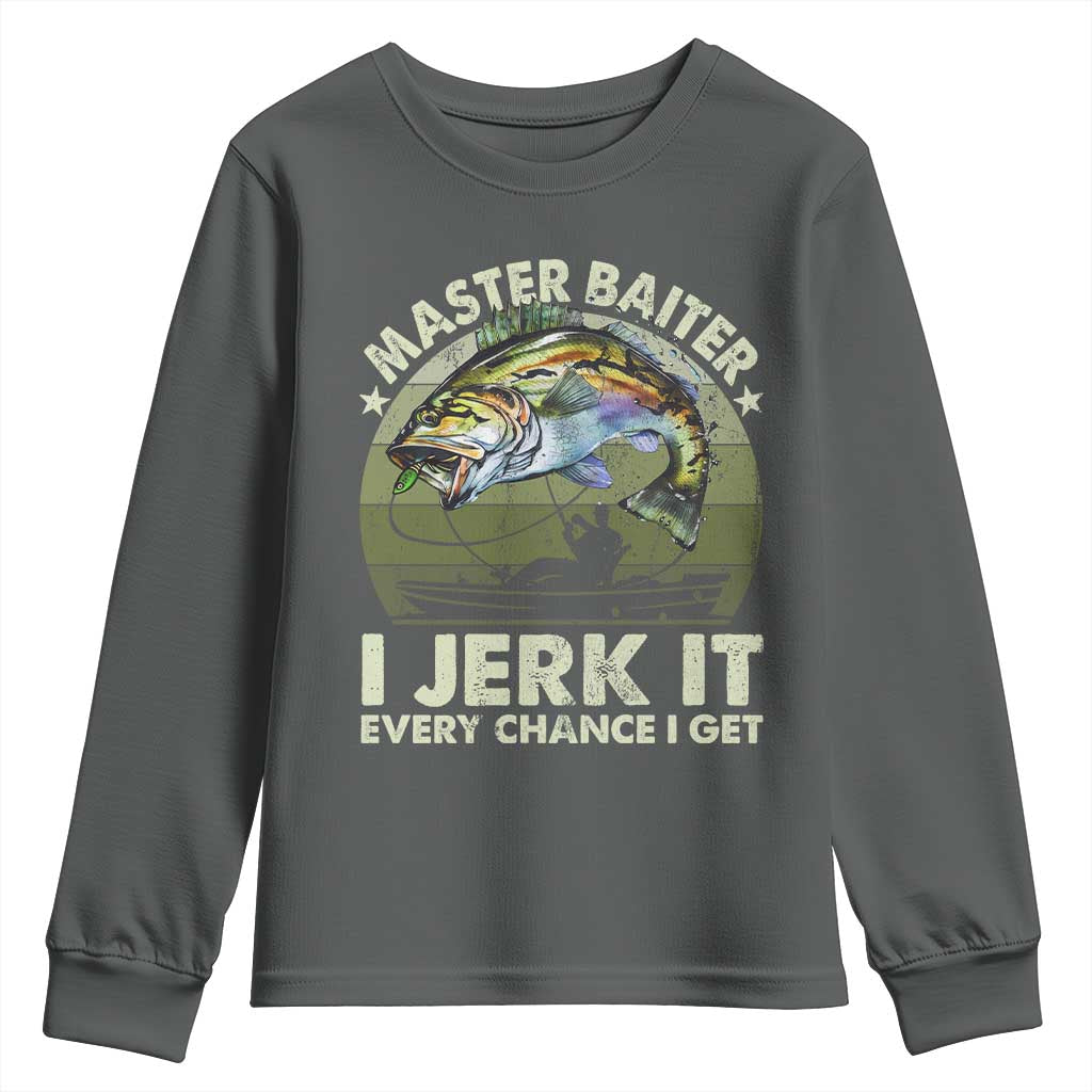 Retro Master Baiter Youth Sweatshirt Funny Bass Fishing Fisher TS10 Dark Heather Print Your Wear