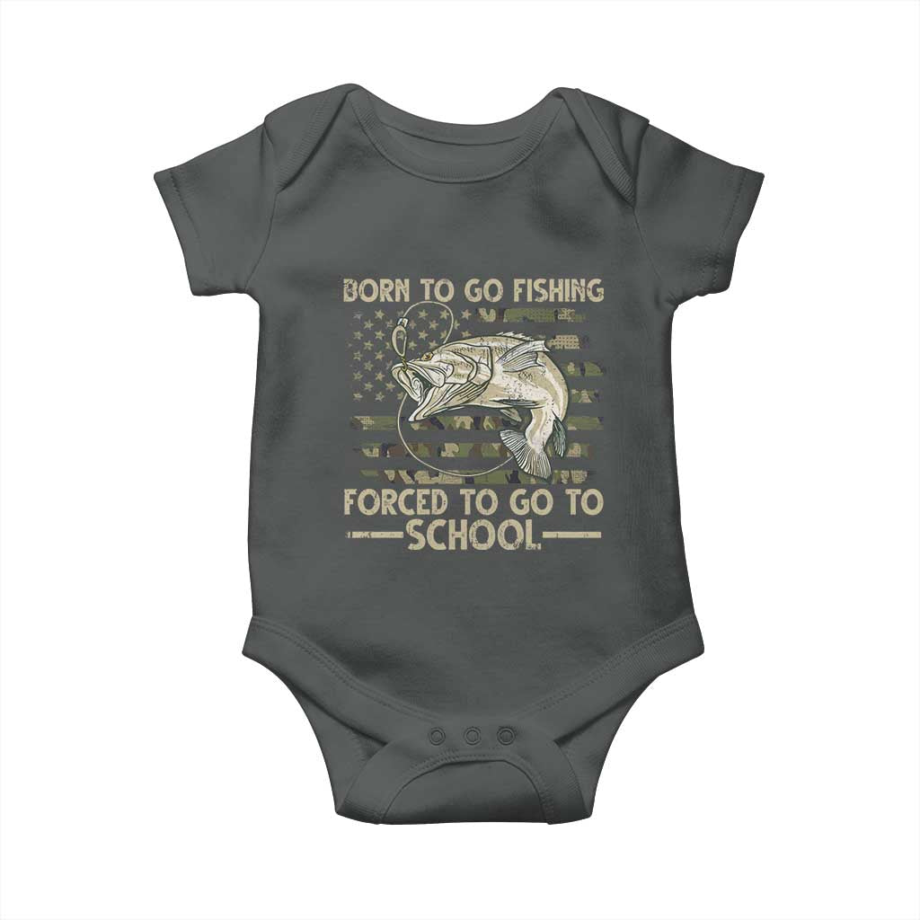 Born To Go Fishing Baby Onesie Forced School Fisherman Camouflage US Flag TS10 Dark Heather Print Your Wear