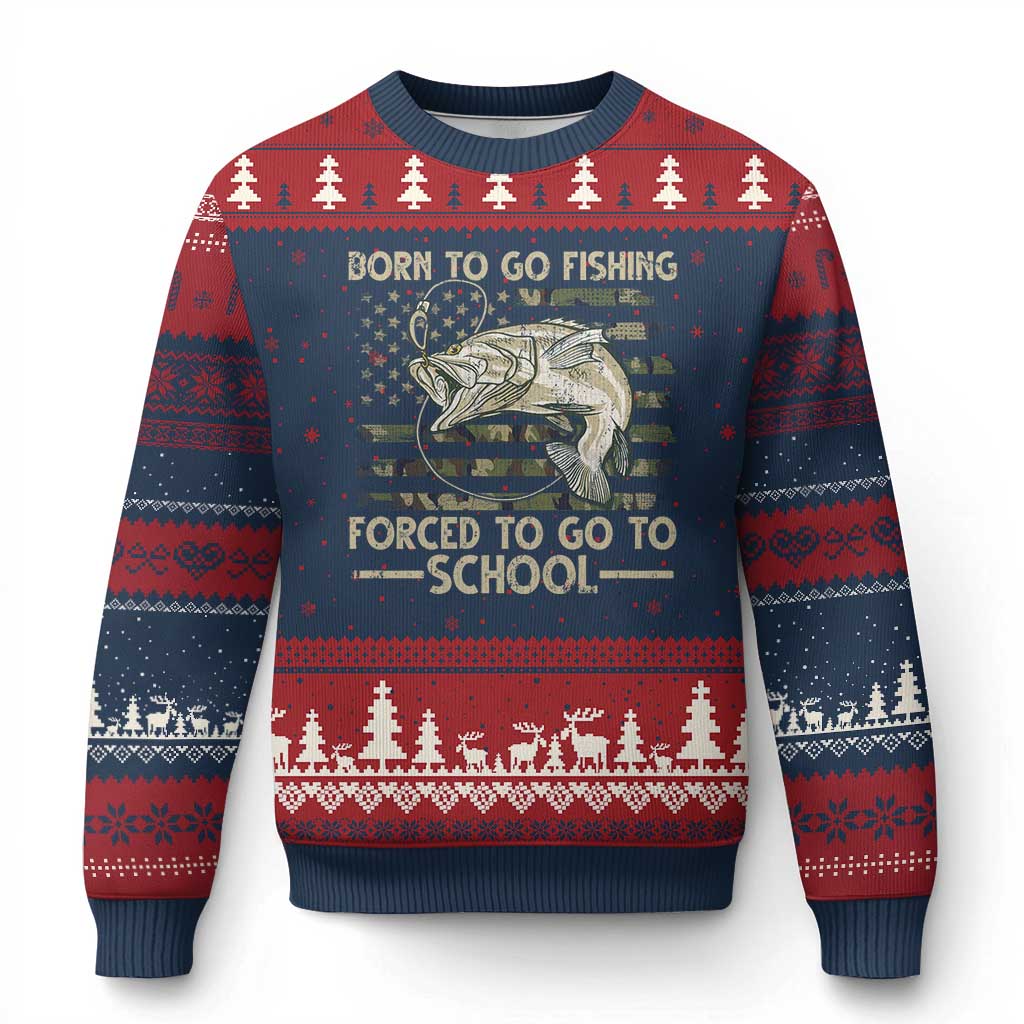 Born To Go Fishing Ugly Christmas Sweater Forced School Fisherman Camouflage US Flag TS10 Navy Red Print Your Wear
