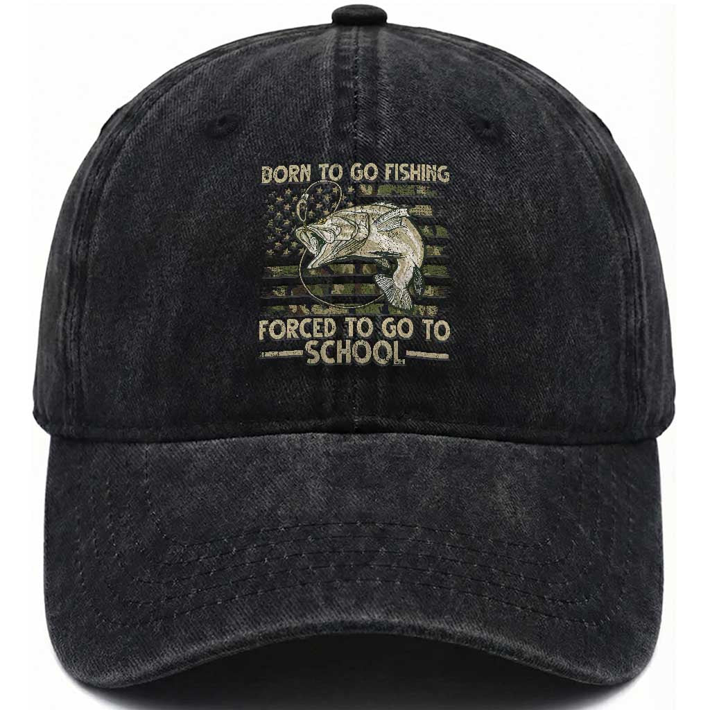 Born To Go Fishing Washed Cotton Baseball Cap Forced School Fisherman Camouflage US Flag
